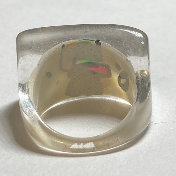 Vintage Acrylic Lucite Cocktail Ring Size 6 6.5 Blue White Geometric Hand Made - Picture 6 of 9